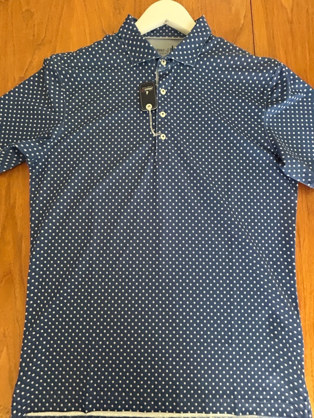 johnnie-O Navy Blue Polo with White Polka Dots